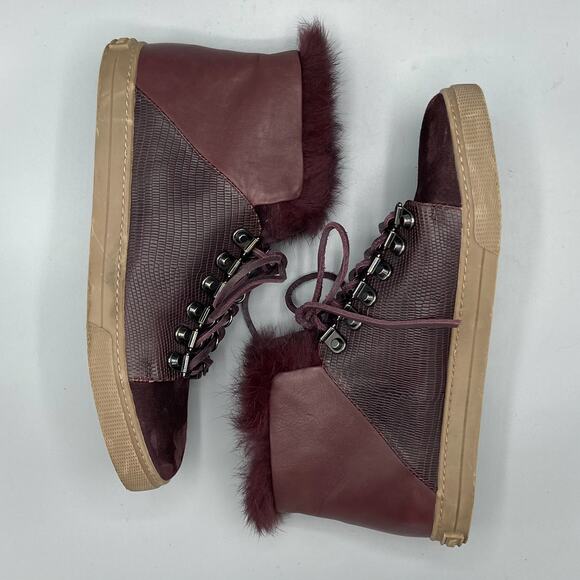 BCBGMAXAZRIA Deniz Hi Top Sneakers Size 7 Rabbit Fur Bordeaux‎ Burgundy Suede - Picture 8 of 13